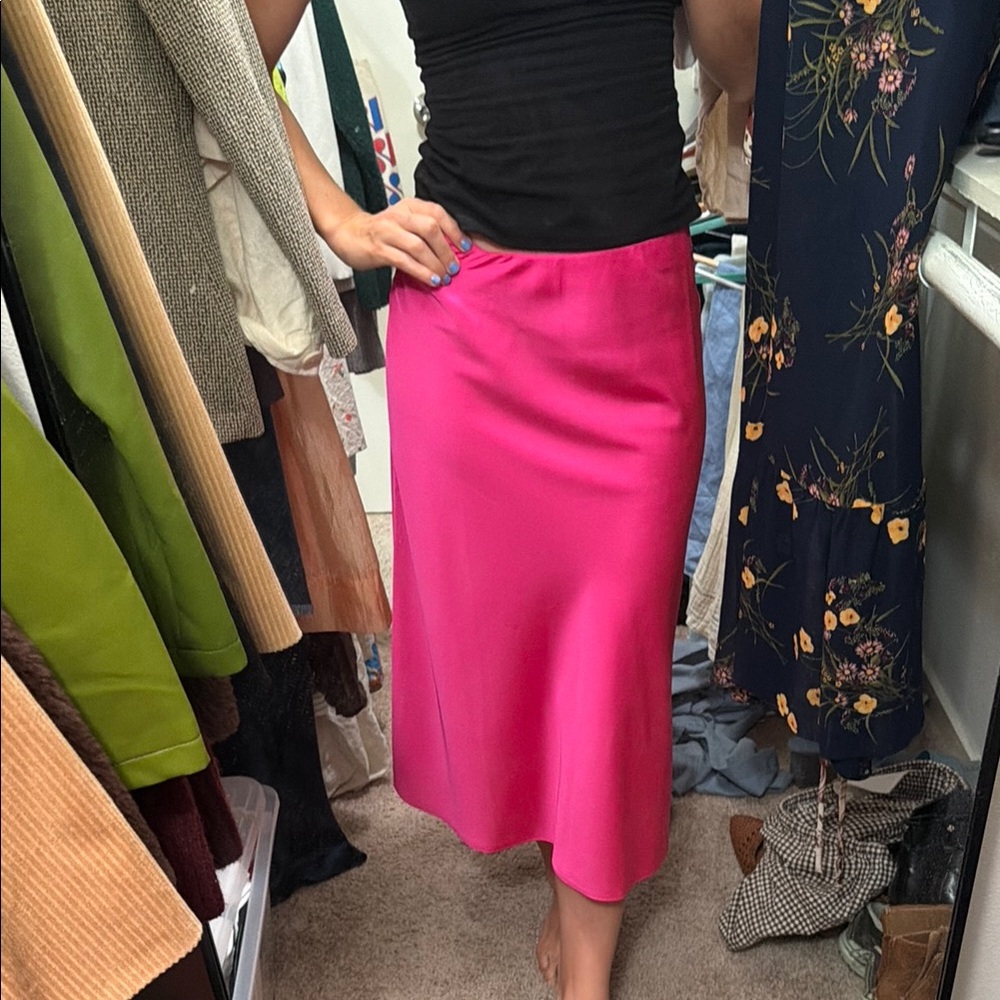 Fuchsia Satin Midi Skirt - Women's